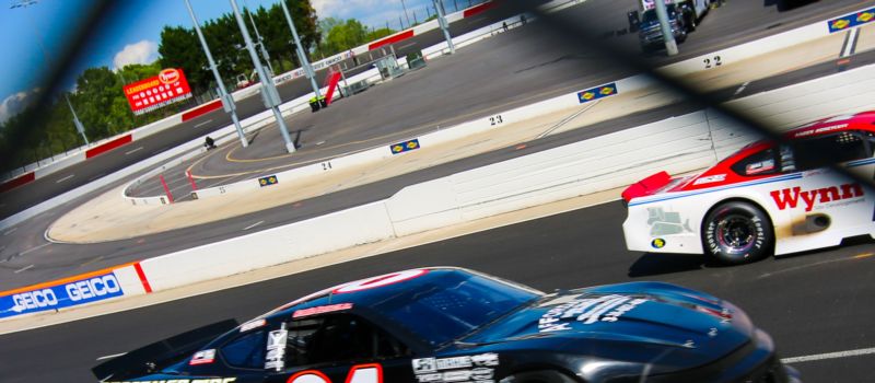 Ronnie Bassett Jr. and Kaden Honeycutt make laps during the zMAX CARS Tour test at North Wilkesboro Speedway on April 24.