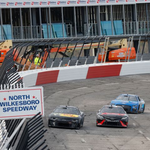 NASCAR Cup Series drivers Austin Dillon (left), Tyler Reddick (right),and Chris Buescher (rear right) took part in a Goodyear tire test on Tuesday at North Wilkesboro Speedway ahead of the May 21 NASCAR All-Star Race. 