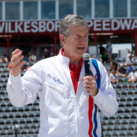 North Carolina Gov. Roy Cooper speaks during a visit to North Wilkesboro Speedway on Wednesday.