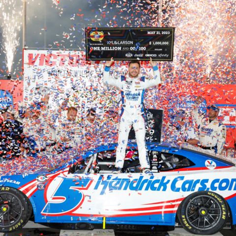 Kyle Larson celebrates after winning Sunday's NASCAR All-Star Race at North Wilkesboro Speedway. 