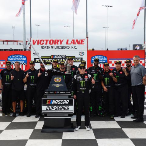 Ty Gibbs' No. 54 Joe Gibbs Racing crew won Friday's NASCAR Pit Crew Challenge presented by Mechanix Wear at North Wilkesboro Speedway.