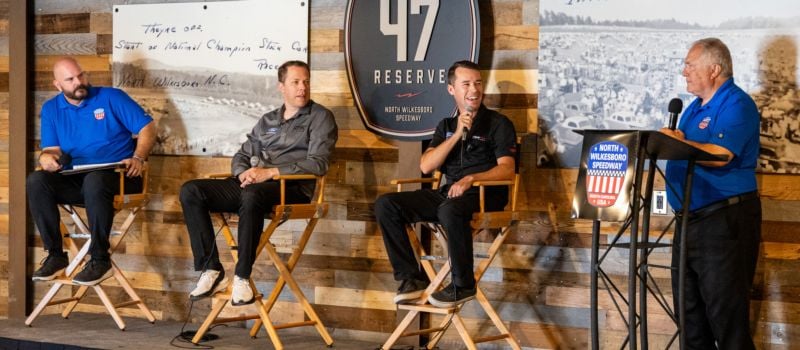  (Left to Right) NWS Executive Director Graig Hoffman, 2012 NASCAR Cup Series Champion Brad Keselowski, two-time NASCAR CRAFTSMAN Truck Series Champion Ben Rhodes and Doug Rice give guests a sneak peak of the new 47 Reserve hospitality space at North Wilkesboro Speedway. 