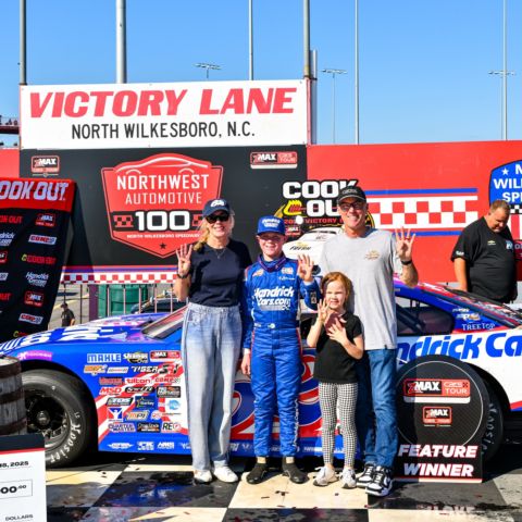 Keelan Harvick, center, celebrates with his family after winning Saturday's zMAX CARS Tour Pro Late Model Northwest Automotive 100 at North Wilkesboro Speedway.